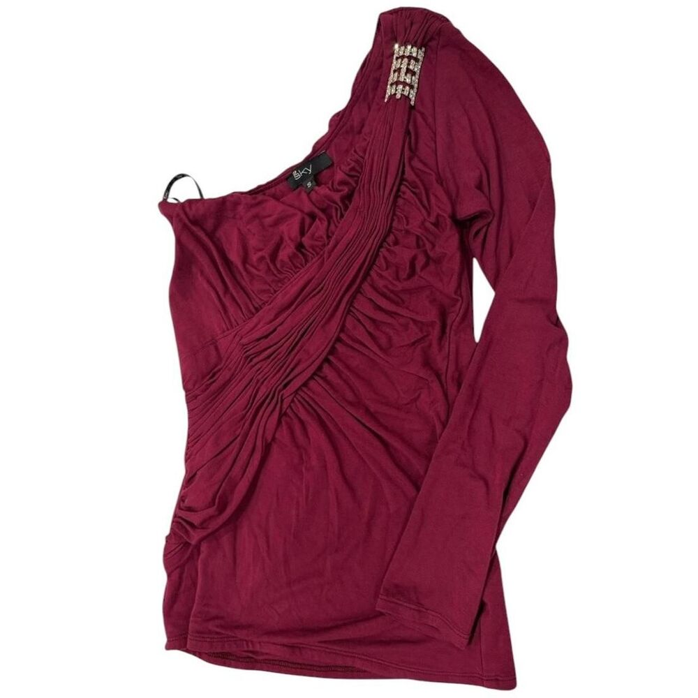 Sky Y2K burgundy asymmetrical top with ruched detailing and rhinestone buttons